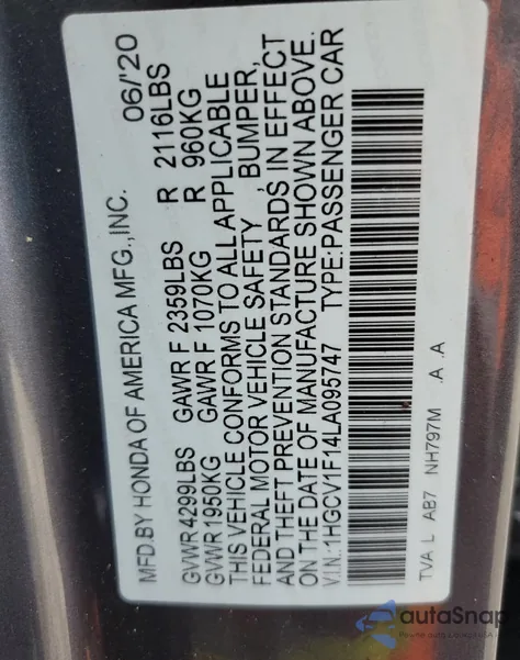 2020 Honda Accord Lx from USA, damaged, VIN 1HGCV1F14LA095747